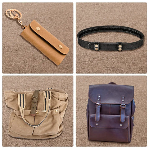 Collage showing leather snap fastener kit applications on a keychain holder, belt, canvas bag, and leather backpack.