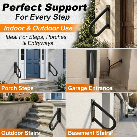 Compact U Shaped Pipe Grab Handle Wall Mount For 1 To 2 Steps Non Slip Stair Railing on porch and stairs for safety.