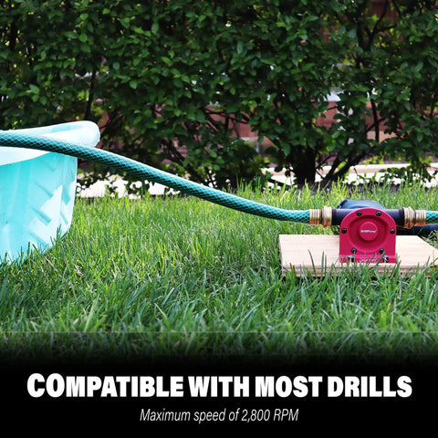 Drill Pump Attachment With Self Priming Water Transfer Pump For Drills, 750 GPH, garden hose setup in yard