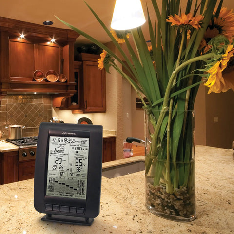 Wireless Weather Station With Wind Sensor For Backyard Forecasts And Atomic Clock Time Sync on kitchen counter display