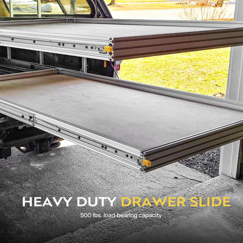 Side view of Sturdy Heavy Duty Drawer Slides 48 Inch With Lock, 500 Lbs Capacity, showing industrial ball bearing rails.