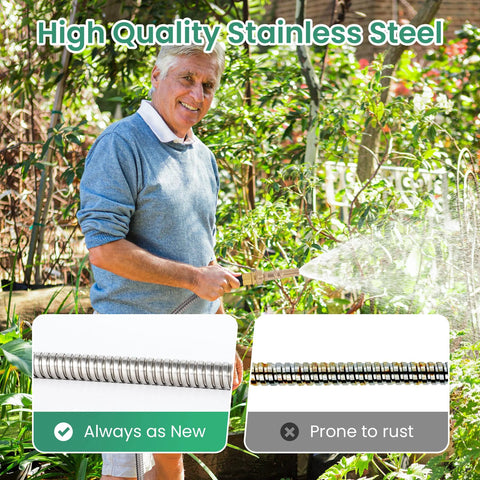 Cesun 25ft metal garden hose (304 stainless steel) with high-pressure brass nozzle in use outdoors