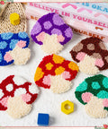 Punch Needle Coaster Kit For Beginners Six Piece Set With Easy DIY Mushroom Pattern Coasters on display with colorful yarns