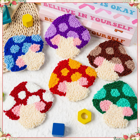 Punch Needle Coaster Kit For Beginners Six Piece Set With Easy DIY Mushroom Pattern Coasters on display with colorful yarns