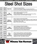 Steel shot size chart with details, including industrial strength heavy duty steel shot blasting media XX-large shot size No 4 equivalent.