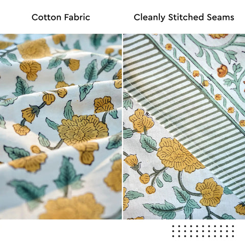 Top Tier Floral Block Print Cotton Tablecloth Yellow Rectangular Dining Cover Washable Farmhouse Kitchen Linen fabric detail and stitching