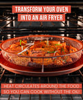 Crisper Basket And Tray Set For Oven And Air Fryer 2 Piece Copper Finish with sweet potatoes in oven showing 360 degree airflow.