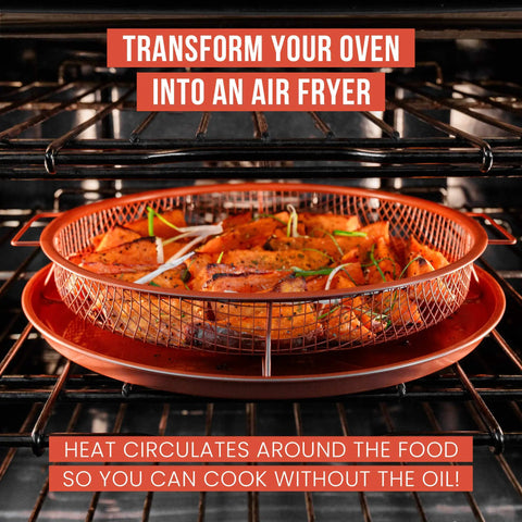 Crisper Basket And Tray Set For Oven And Air Fryer 2 Piece Copper Finish with sweet potatoes in oven showing 360 degree airflow.