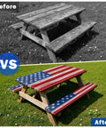 Before and after American Flag Picnic Table Cover Set With Bench Covers For 72 By 30 Inch Tables And 72 By 12 Inch Benches Waterproof