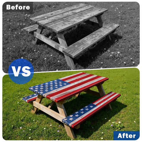 Before and after American Flag Picnic Table Cover Set With Bench Covers For 72 By 30 Inch Tables And 72 By 12 Inch Benches Waterproof