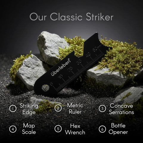 Image of Hexå Go To Ferro Rod Fire Starter Survival Tool featuring a multi-tool striker on rocks and moss, highlighting its functions.