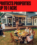 Outdoor gathering on patio with string lights, grill, and dining table. Text overlay: Protects Properties Up to 1 Acre.