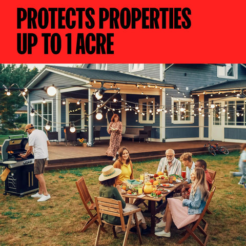 Outdoor gathering on patio with string lights, grill, and dining table. Text overlay: Protects Properties Up to 1 Acre.