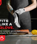 Person wearing Three Finger Reinforced Cut Resistant Kitchen Gloves For Women And Men With Stainless Steel Thread Protection