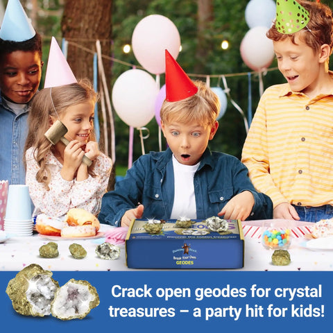 Children at a party with Break Your Own Moroccan Geodes With Crystals Inside A Hands On Fun Science Kit For Kids Includes 25 Medium 1 To 1.5 Inch Geodes 90 Percent Hollow Easy To Crack Open Educational Info And Instructions Plus Party Favors And Prizes on table with geodes.