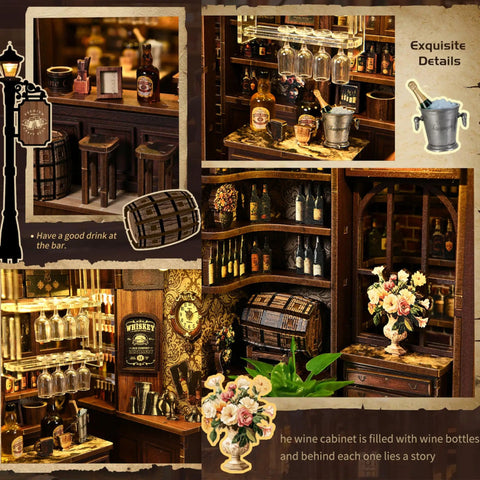 DIY Book Nook Kit Corner Tavern Miniature Dollhouse with detailed tavern scene, 3D wooden puzzle for bookshelf decor, easy assembly