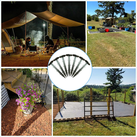 Collage of 50 Pack Four Point Three Inch Plastic Garden Stakes For Weed Barrier And Landscape Edging Ground Anchors shown in various outdoor setups.