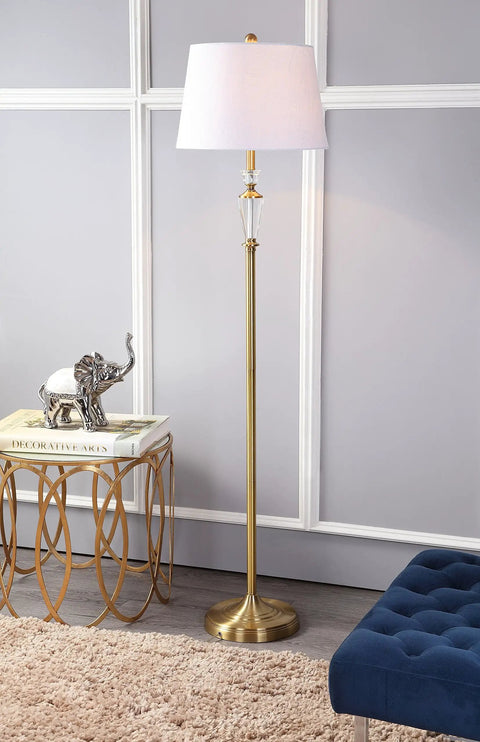 61 Inch Brass Gold Crystal LED Floor Lamp With White Linen Drum Shade, Traditional Slim Metal Standing Light For Living Room