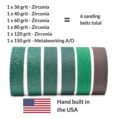 Image of 6 grit options for 2 By 42 Inch Knife Sharpening Zirconia Sanding Belts Coarse Grit 6 Pack, made in the USA.