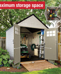 7x7 Weatherproof Outdoor Storage Shed For Garden Tools And Lawn Gear With Lockable Double Doors Sandstone Finish Heavy Duty Double Wall Build For Mowers And Outdoor Gear Organization open with tools inside