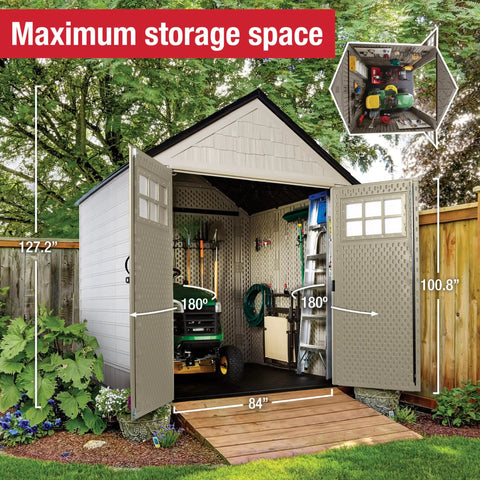 7x7 Weatherproof Outdoor Storage Shed For Garden Tools And Lawn Gear With Lockable Double Doors Sandstone Finish Heavy Duty Double Wall Build For Mowers And Outdoor Gear Organization open with tools inside