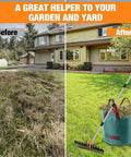 Dual Action Thatch Rake With Two Distinct Tine Profiles For Lawn Dethatching And Soil Care, shown beside reusable waste bag