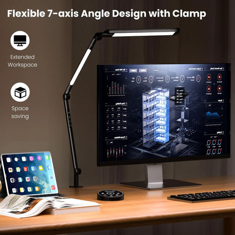 LED Desk Lamp With Clamp Clip On over computer monitor, showcasing flexible 7-axis design and sleek, adjustable head for workspace