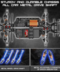 All Terrain RC Truck For Adults And Kids, 4WD Waterproof Remote Control Car's metal chassis and components, showing drive shaft and shocks