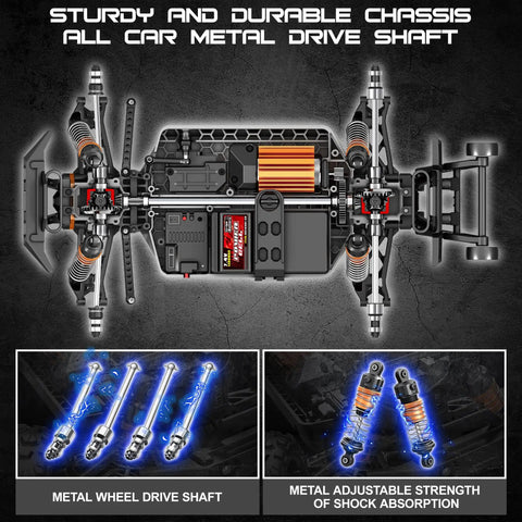 All Terrain RC Truck For Adults And Kids, 4WD Waterproof Remote Control Car's metal chassis and components, showing drive shaft and shocks