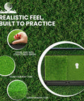 Game Changer Golf Hitting Mat With Curved Ball Tray 3 In 1 Practice Mat close-up of turf textures and hand showing fiber density