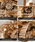 Terrain Titan Bulldozer 3D Wooden Puzzle Kit For Adults To Build With 1715 Precision Cut Pieces No Glue Needed, Illustrated Step By Step Assembly Guide, Realistic Heavy Machinery Model close-up wooden tracks and hydraulic parts