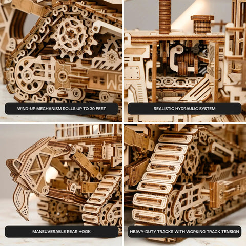 Terrain Titan Bulldozer 3D Wooden Puzzle Kit For Adults To Build With 1715 Precision Cut Pieces No Glue Needed, Illustrated Step By Step Assembly Guide, Realistic Heavy Machinery Model close-up wooden tracks and hydraulic parts