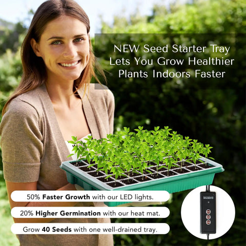 Woman holding All In One Seed Starting Kit With Grow Lights And Heat Mat For No Fuss Indoor Gardening, 40 Cell Tray, plant seedlings