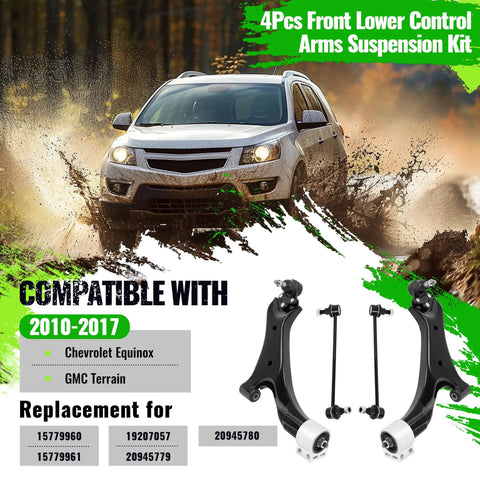 Beefed-Up Front Lower Control Arm Sway Bar Kit With Ball Joints For 2010-2017 Chevy Equinox And GMC Terrain Heavy-Duty Steel Suspension Links 4-Piece Direct-Fit Replacement, 4-piece black steel arms and links