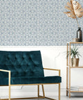 Hepatica Petal Peel And Stick String Wallpaper In Blue Floral Repositionable Wall Covering With Real String Texture in room setting.