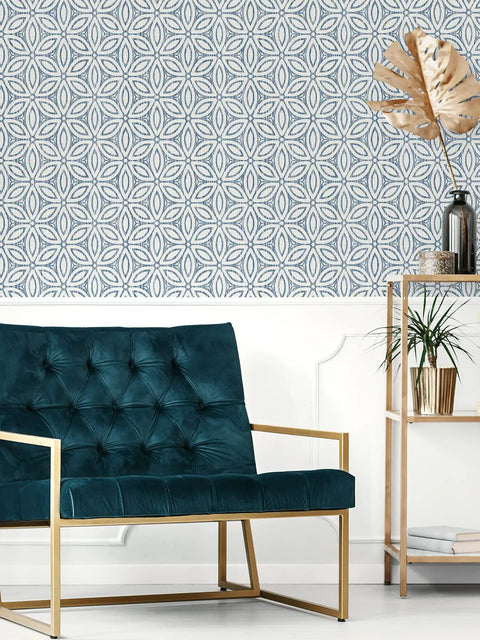 Hepatica Petal Peel And Stick String Wallpaper In Blue Floral Repositionable Wall Covering With Real String Texture in room setting.