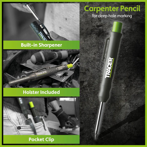 Heavy Duty Woodworking Scribe Tool Set With Deep Hole Marking Pen And Replacement Leads, showing built-in sharpener and pocket clip.