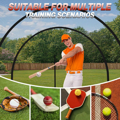 Backyard Batting Cage 30x10x10 Ft With Zipper Door 4 Ply Anti Tear Netting in use during baseball practice over various sports gear