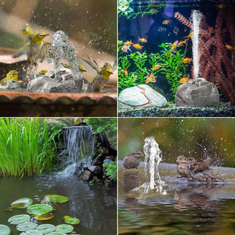 Bird Bath Water Fountain Rock With Electric Pump And Power Source, Granite Resin Rock Waterfall Kit in use attracting birds in backyard