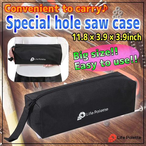 Life Palette hole saw kit case, black zippered fabric pouch with logo