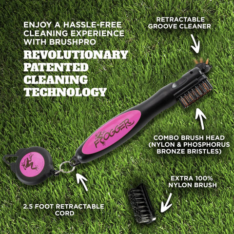 Golf Club Cleaner With Ergonomic Grip And 2.5 Feet Retractable Cord, Pink, Replaceable Bristle Heads And Groove Cleaner For Clean Clubs And Sharper Shots On The Course, black pink brush