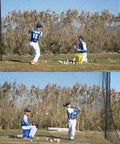 70 Foot Baseball Batting Cage For Backyard Practice With Durable Netting And Frame, players practicing batting and pitching