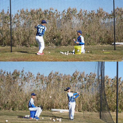 70 Foot Baseball Batting Cage For Backyard Practice With Durable Netting And Frame, players practicing batting and pitching