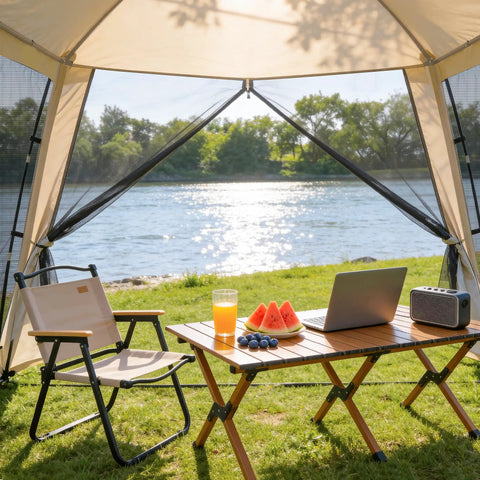 12 X 12 Ft Camping Screen Tent For 8 To 10 People, Easy Setup Mosquito Net Canopy, beige interior with picnic setup by river