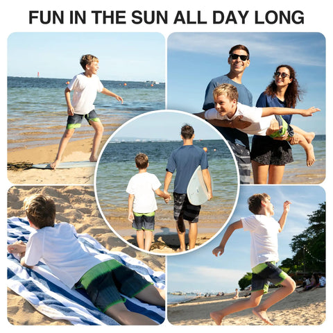 Boys enjoying the beach in swim trunks, showcasing Boys Swim Trunks With UPF 50 Plus Quick Dry Microfiber in various activities.