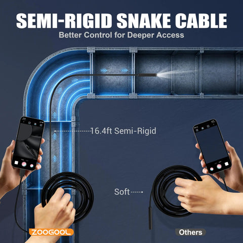 1920P HD Endoscope Camera With Light For Tight Spaces, Ultra Slim 8.5mm Borescope For Pipes, Engines, Walls And Tiny Crevices, Clear View, Handy Illumination, Pro Grade Inspection Tool showing semi-rigid snake cable and phone display