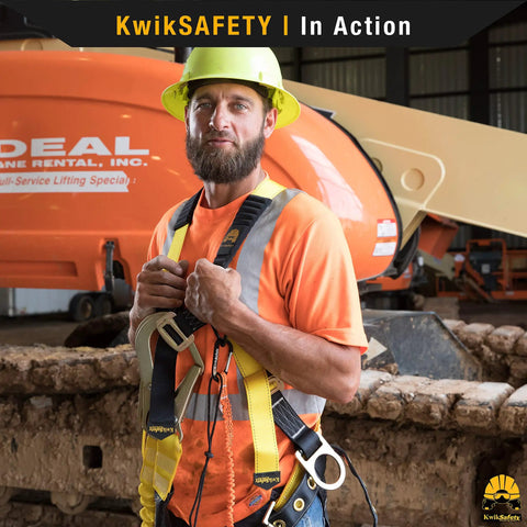 Worker wearing Premium Full Body Safety Harness With Comfy Cushioned Shoulder Pads Three Heavy Duty D Rings And Buckles for safety