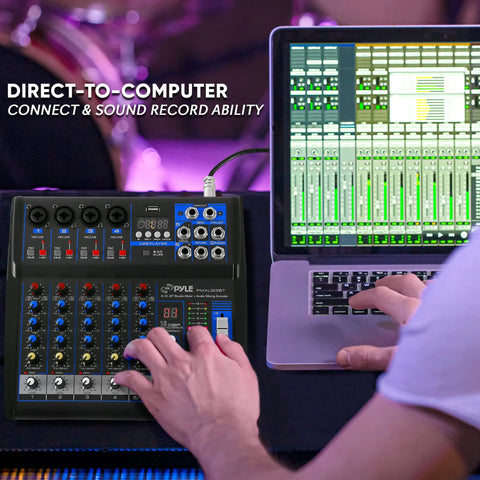 User adjusting controls on Six Channel Bluetooth DJ Audio Mixer With USB Input And Built In MP3 Player 48V Phantom Power 3 Band EQ