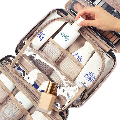 Travel Toiletry Bag For Women, Hanging Organizer For Travel Size Shampoos, Conditioners, Makeup Brushes, Open Displayed