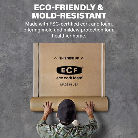 Eco-friendly Pro Grade Cork Foam Floor Underlayment Roll With 250 Square Feet Of Coverage and Built In Vapor Shield laid out.
